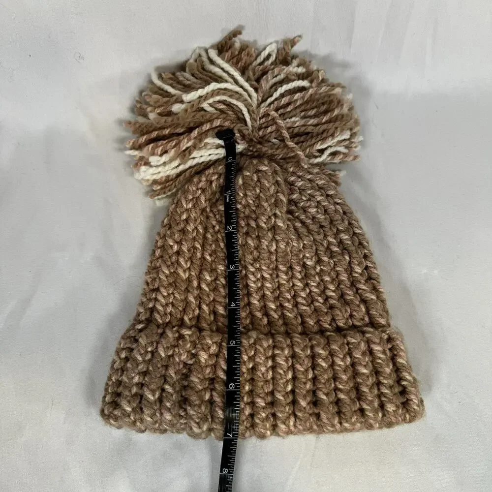 Kids Pink and Tan Beanie Hat With Pom Pom Top Sock Hat Warm Winter Cap